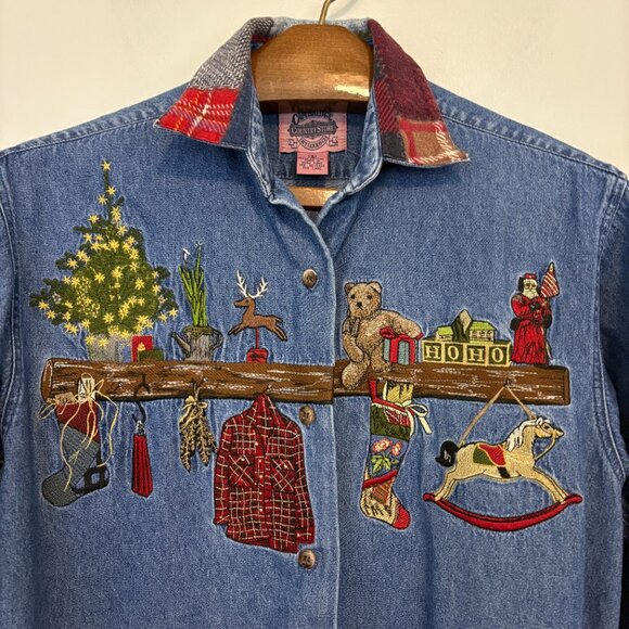 Cambridge Dry Goods Country Store Christmas Denim Button Shirt Womens Small - Picture 2 of 7